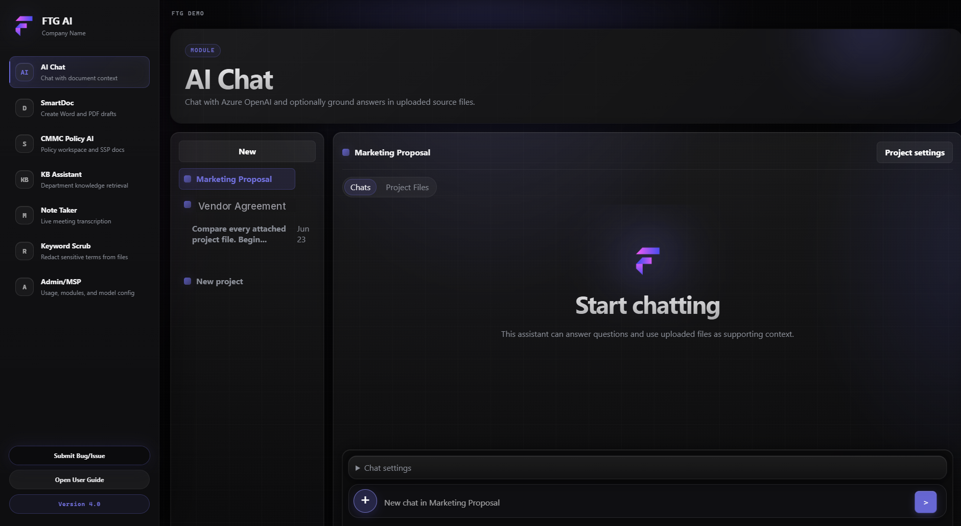 FTG AI project-based AI chat interface